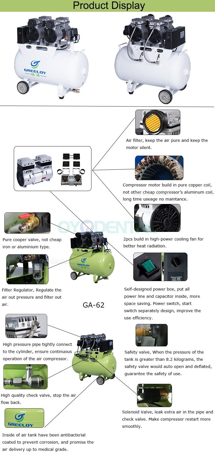 Greeloy GA-62 1.5HP 60L tandheelkundige luchtcompressor met terugslagklep